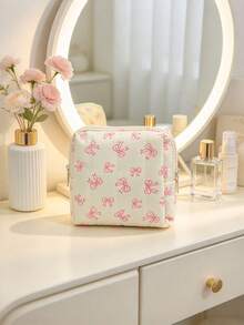 1pc Cute Bow Print Quilted Makeup Bag, Soft Padded Square Cosmetic Pouch, Zipper Small Toiletry Bag, Coquette Style Mini Makeup Organizer For Travel Daily Use, Assorted Patterns Period Kit Bag Christmas Gifts University Essentials Sanitary Pad Bag - Multicolor - View 13