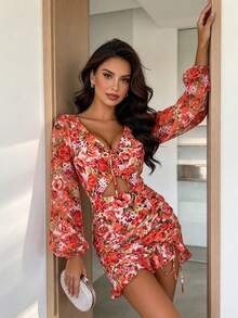 Joyfunear V-Neck Drawstring Detail Long Sleeve Women Dress Elegant Vacation Spring - Multicolor - View 1