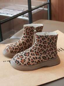 Leopard Print Kids' Boots, Thick Sole Casual Short Ankle Boots - Khaki - View 2