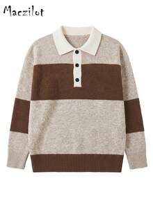 Plus Size Women Fall Winter Color Block Polo Collar Sweater, 3-Button Long Sleeve Pullover, Casual Commute Date Outfit - Multicolor - View 5