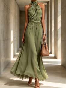 Women Long Dresses - Olive Green - View 2