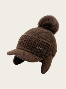 1pc Women's Solid Color Pom Pom Knit Cap, Knit Baseball Cap, Warm Ear Protection Windproof Hat, Thickened Letter Knitted Hat, Suitable For Outdoor Cycling And Cold Weather - Multi-color - View 4