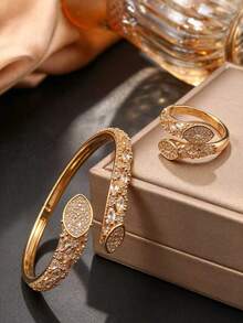 1set Luxury Marquise Copper Zirconia Bracelet & Ring Set,Gold Plated Split Curved Bangle For Daily Commute,Party Birthday Engagement Dating Gift Jewelry - Gold - View 2