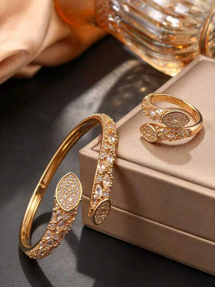 1set Luxury Marquise Copper Zirconia Bracelet & Ring Set,Gold Plated Split Curved Bangle For Daily Commute,Party Birthday Engagement Dating Gift Jewelry