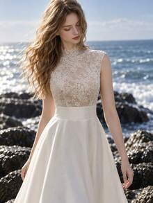 High Neck Sleeveless Wedding Dress, Delicate Floral Lace Bodice, Smooth Satin A-Line Skirt With Sweep Train, Elegant For Beach Bridal. - White - View 2