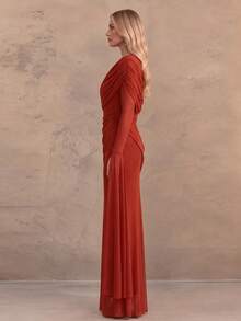 Solid Color Elegant Spliced Mesh Draped Evening Gown For Party And Formal Dinner - Rust Brown - View 7