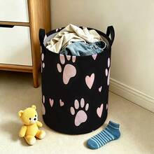 Black Background Storage Bucket With Pink Puppy Paw And Heart Patterns, Foldable Laundry Basket With Handle, A Storage Basket For Toys And Dirty Clothes For Pet Lovers' Bedrooms - Black - View 4
