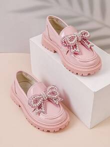 1 Pair Girls' School Leather Shoes, Mirror PU + Pearl Rhinestone Bow Decor, Round Toe Thick Sole Slip-On Design, Luxury Princess Style Loafers, Suitable For Daily School, Festivals, Parties, Spring/Autumn New - Pink - View 5