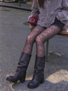 Women Leopard Print Sheer Mesh Tights, See-Through Skin Tone Pantyhose, Pattern Transparent Stockings For Daily & Party - Black - View 5