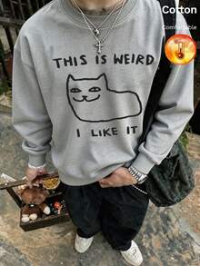Autumn/Winter Men's Thermal Lined Crew Neck Sweatshirt "THIS IS WEIRD I LIKE IT" Cat Graphic Print Y2K Style - Heather Gray - View 3