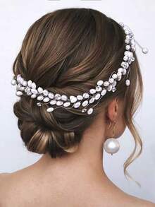 1PC Elegant Pearl Bridal Hairband Fashion Rhinestone Handmade Women's Headband Suitable For Wedding Holiday Party Hair Accessories - White - View 2