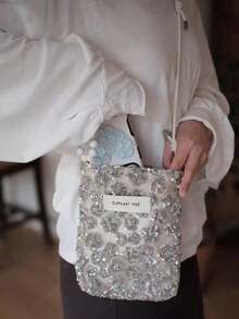 Beaded Embroidery Bucket Bag Denim Shoulder Bag Chinese Style Commute Outing Shopping Crossbody Women - Silver - View 4