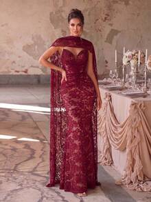 Faeriesty Women's Charming Strapless Mermaid Long Lace Formal Dress, Pearl Embellished Backless Design, Suitable For Prom And Evening Party - Burgundy - View 5