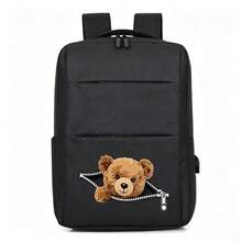 1pc 12*30*40cm Bear Print Zippered Business Backpack, Unisex Design Suitable For Campus, Short Trips, Daily Commute And Work, All-Season Large Capacity Compartment For Laptop And Various Learning Supplies - Backpack - View 8
