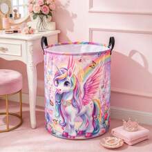 1PC Collapsible Fabric Storage Basket With Magical Winged Unicorn Rainbow Castle Butterfly Floral Print, Multifunctional Organizer For Clothes, Sundries And Toys, Home Decor, Room Decor, Bedroom Decor - Pink - View 4