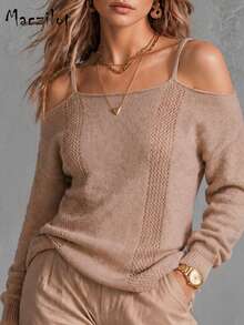 Plus Size Women Fall Winter Spaghetti Strap Cold Shoulder Knit Sweater, Long Sleeve Pullover For Commute Date & Daily Outing - Mocha Brown - View 2