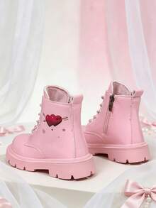 1 Pair White Student Boots, Mirror PU + Double Heart Decor, Round Toe Elastic Soft Sole Inner Zipper Design, Cute Fashion Fairy Style Ankle Boots, Suitable For Daily Campus Festivals, Autumn/Winter New - Pink - View 6