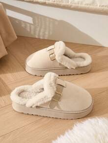 Unisex Faux Suede Upper Warm Slippers For Autumn/Winter, Thermal Lined Thick Sole Wearable Fuzzy Slippers, Buckle Decor Fashionable Warm Home Slippers - Beige - View 5