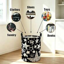 Black Storage Bin With Silver Star Pattern, Foldable Laundry Basket With Handle, Suitable For Teen Boys' Bedroom Toy And Dirty Clothes Storage - Black - View 8