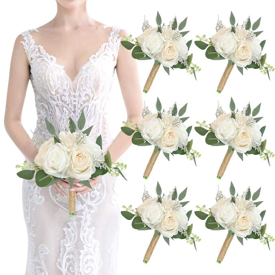 Ivory White Artificial Flowers Bouquet For Bridesmaids Wedding Small Floral Centerpieces For Marriage Proposal Party Anniversary Dining Table Decor - Multicolor - View 1