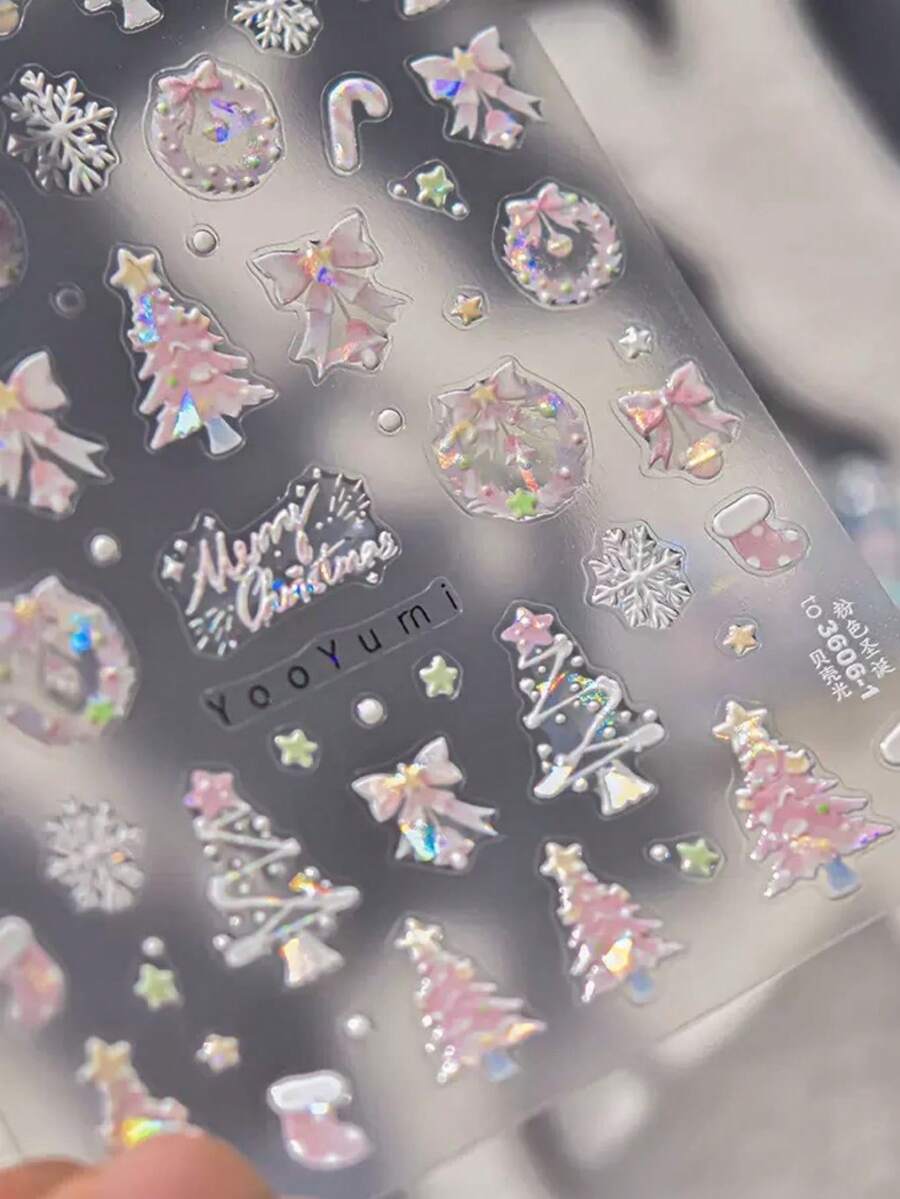 1片水晶鑽粉色浮雕美甲飾品貼紙 自黏式冬季美甲貼紙 可愛聖誕美甲裝飾貼 DIY - 彩色 - 查看 1