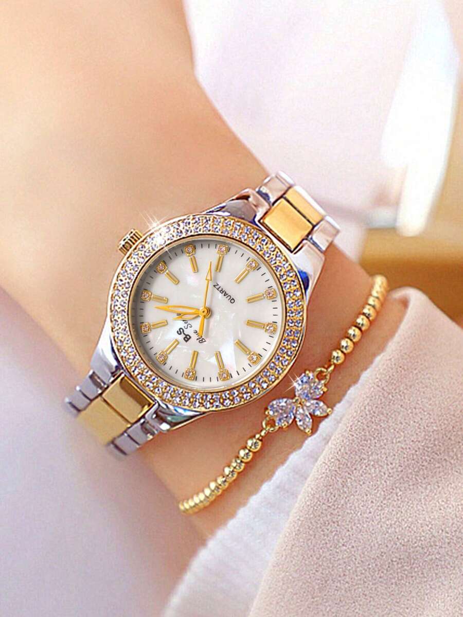 2pcs/Set Fashionable & Versatile Women's Quartz Watch With Round Dial, Metal Strap, Rhinestone Bow Bracelet, Suitable For Gifts, Festivals And Daily Wear