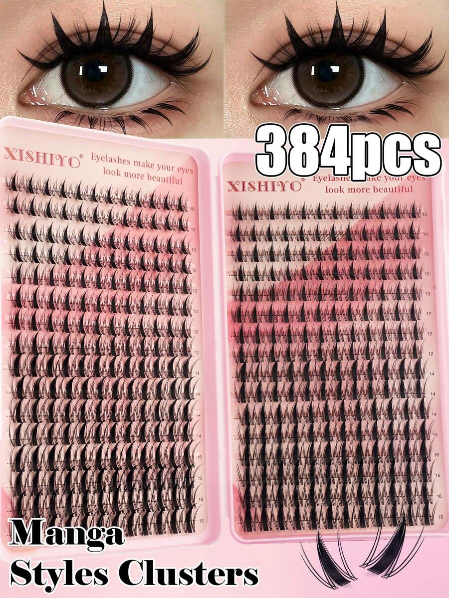 384片簇裝日系漫畫感假睫毛，自然妝感，10-18mm長度，DIY濕亮感日系漫畫風睫毛簇，大容量高品質新款DIY假睫毛，蓬鬆柔軟，3D仿貂毛假睫毛，短睫毛接睫毛，輕盈居家DIY假睫毛，彩妝接睫毛