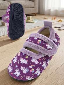 Girls' Indoor Slippers, Soft Rubber Sole, Lightweight, Warm And Comfortable, Pink Butterfly Hook-And-Loop, Autumn/Winter, Toddler/Middle Child - Purple - View 2