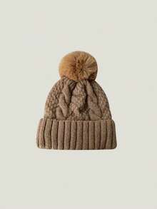 Women's Pom Pom Knit Beanie, Thick Cable Knit Winter Hat With Ribbed Cuff, Solid Color Warm Polyester Hat, Suitable For Daily Commute, Street Style, Travel And Outdoor Looks, Autumn/Winter Fashion Accessory, Christmas And New Year Gift - Multicolor - View 13