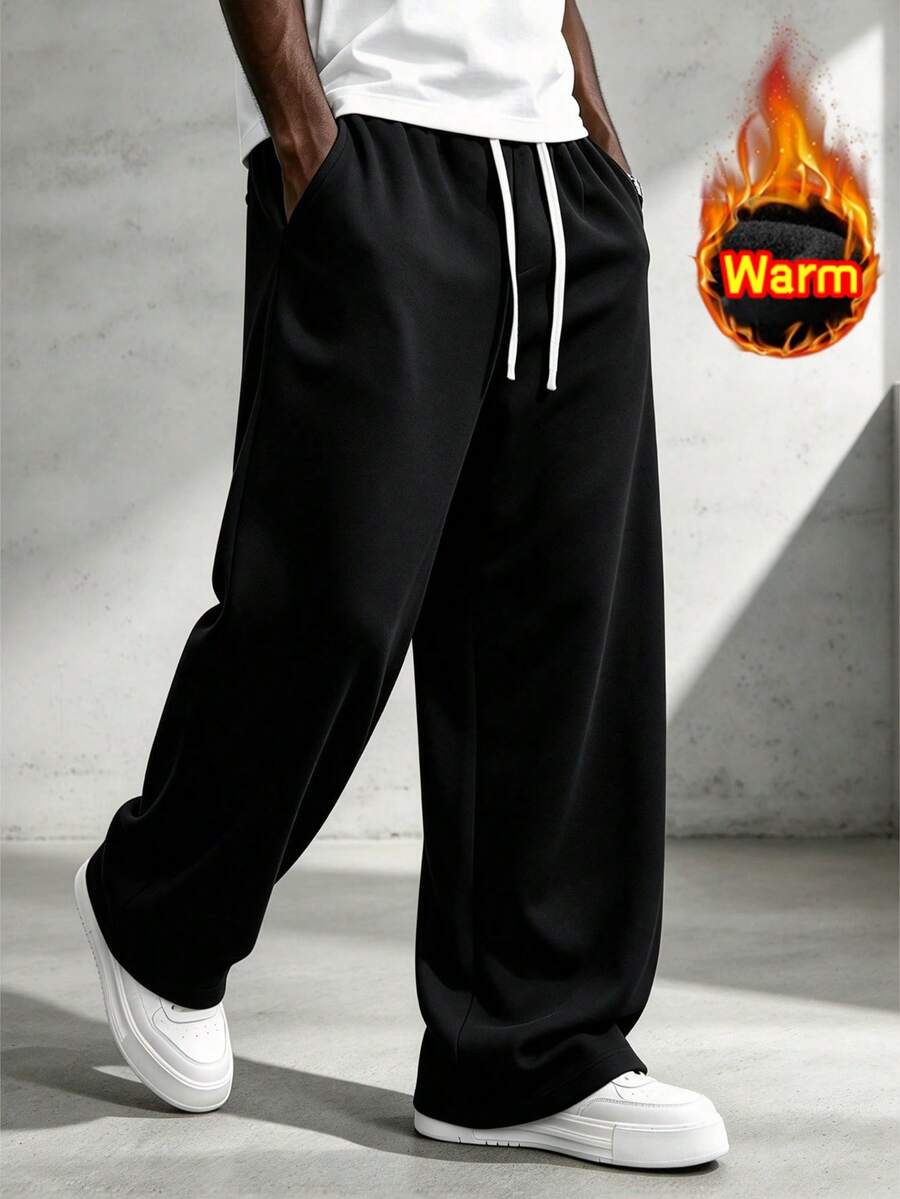 Men's Autumn/Winter Casual Sports Long Pants, With Adjustable Drawstring, Thermal Lined, Loose Fit, Side Pockets, Suitable For Fitness And Casual Wear - Black - View 1