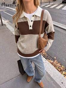 Plus Size Women Fall Winter Color Block Polo Collar Sweater, 3-Button Long Sleeve Pullover, Casual Commute Date Outfit - Multicolor - View 3