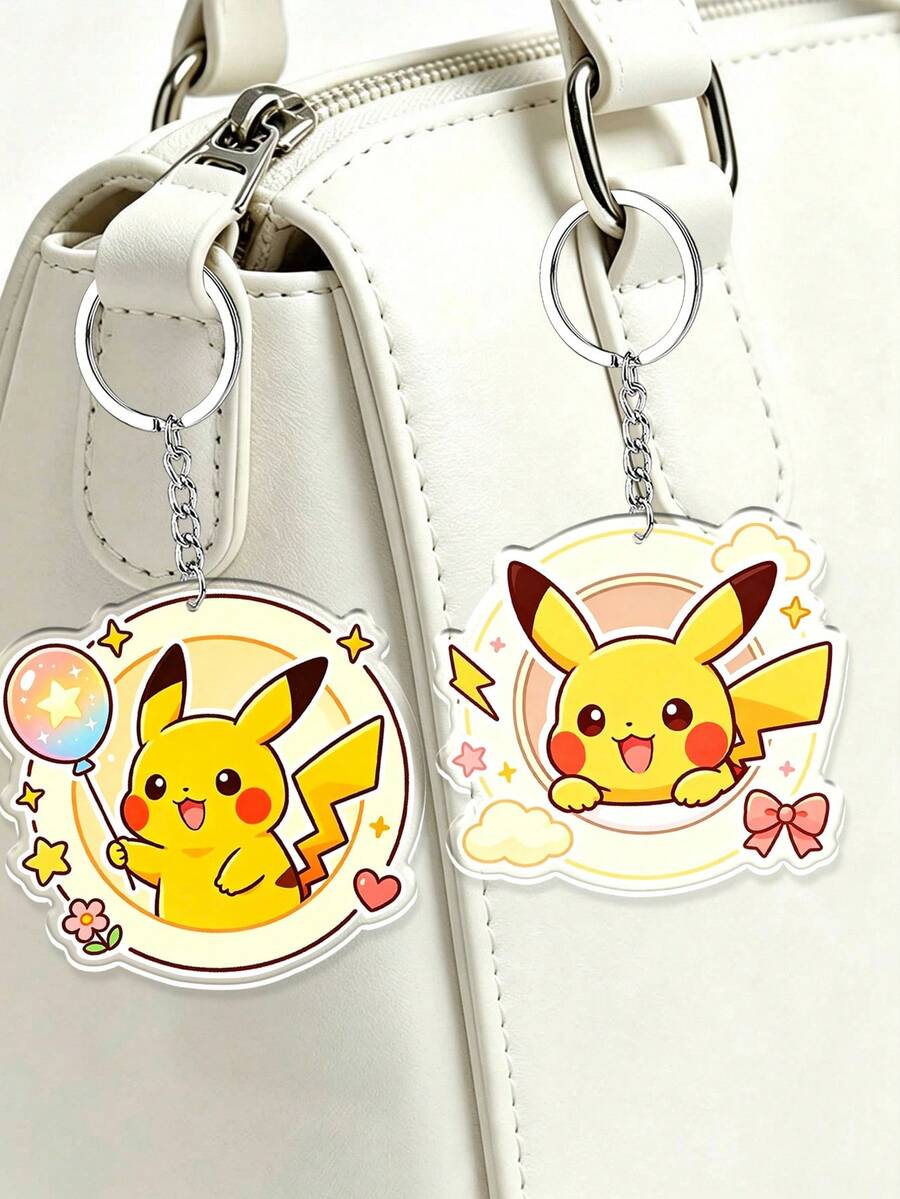 MASSDI Anime Acrylic Key Chain Set Of 2, Two Sweet Circle Frame Patterns With Star And Cloud Elements, Fade-Resistant Bright Pigment, Wear-Proof Transparent Acrylic Panel, Sturdy Metal Connection Hardware - Keychain - View 1