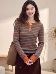 Women's Vintage Striped Half-Button Pullover Knit Sweater, Autumn/Winter - Burnt Orange - View 1