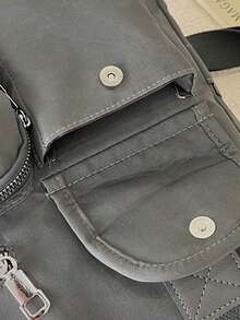 Tas jinjing nilon abu-abu dengan banyak kantong, desain kancing jepret dan resleting, kapasitas besar, tas selempang, ringan, tas bahu kasual untuk bepergian. - Grey - View 8