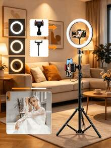 10-Inch Selfie Ring Light Includes A 43-Inch Retractable Tripod Suitable For Video Recording And Live Streaming, And Is Compatible With Smartphones, Cameras, And Webcams. Two Phone Clips | 3 Light Color Modes - Black - View 1