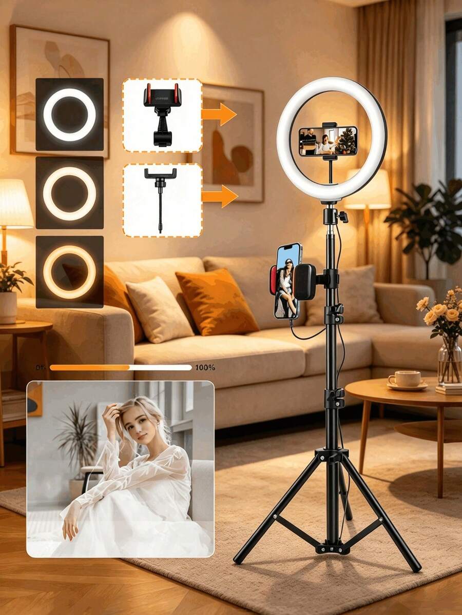 10-Inch Selfie Ring Light Includes A 43-Inch Retractable Tripod Suitable For Video Recording And Live Streaming, And Is Compatible With Smartphones, Cameras, And Webcams. Two Phone Clips | 3 Light Color Modes - Black - View 1