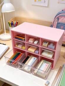1pc 9-Grid Plastic Desktop Drawer Storage Box, Hair Accessories Organizer, Suitable For Girls Room Decor, Baby Girl Supplies,Drawer-Style Desktop Storage Box, 9-Grid Transparent Plastic Cabinet For Stationery, Jewelry And Small Items. - Multicolor - View 3