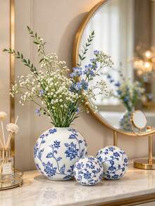 Blue And White Porcelain Ceramic Vase, Round Ball Shaped Decorative Flower Vase For Home Tabletop Decor - 1PC - View 5