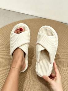 Women's Cross Strap Corduroy Slippers, Solid Color Flat Open Toe Indoor House Slippers, Soft Non-Slip Home Slippers, Size Runs Small, Please Order One Size Up - Beige - View 8