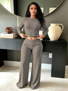 LovelyWholesale Women's Striped Round Neck Long Sleeve Cropped Top + High Waist Wide Leg Pants Set, Casual Two Pieces Outfit For Autumn - Brown - View 1