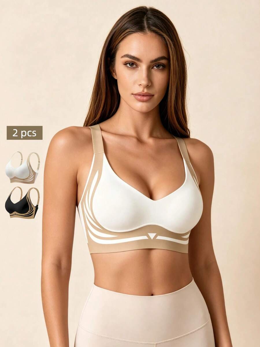 Lilivine 2pcs/Set Women's Seamless Wireless Push-Up Bra: Large Bust Friendly, Minimizer, Back-Button, Anti-Sagging Comfy Fit. - Multicolor - View 1