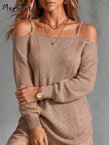 Plus Size Women Fall Winter Spaghetti Strap Cold Shoulder Knit Sweater, Long Sleeve Pullover For Commute Date & Daily Outing - Mocha Brown - View 3