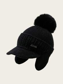 1pc Women's Solid Color Pom Pom Knit Cap, Knit Baseball Cap, Warm Ear Protection Windproof Hat, Thickened Letter Knitted Hat, Suitable For Outdoor Cycling And Cold Weather - Multi-color - View 3