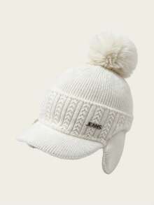 1pc Women's Solid Color Pom Pom Knit Cap, Knit Baseball Cap, Warm Ear Protection Windproof Hat, Thickened Letter Knitted Hat, Suitable For Outdoor Cycling And Cold Weather - Multi-color - View 9