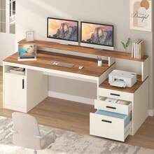 65-Inch Computer Desk With 3 Drawers And Printer Shelf - Antique White - View 1