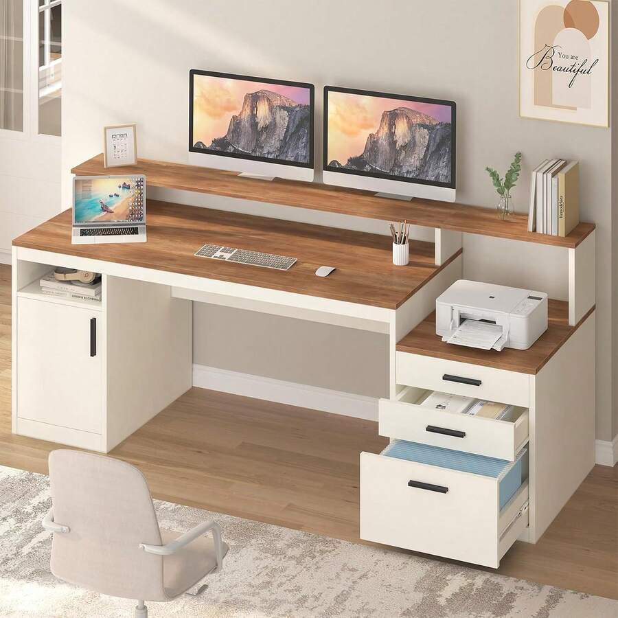 65-Inch Computer Desk With 3 Drawers And Printer Shelf - Antique White - View 1