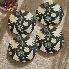 2D Flat, 4pcs Round Wooden Coasters - Heat-Resistant Non-Slip Drink Mats Decorated With Gold Snowflake Tree Pattern, Suitable For Home Decor And Party Occasions, Ideal Christmas Decoration Gift - View 1