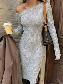 Women's Heather Gray One Shoulder Ribbed Knit Bodycon Midi Dress, Long Sleeve Side Split Elegant Sexy Evening Party Cocktail Wear - Heather Gray - View 4