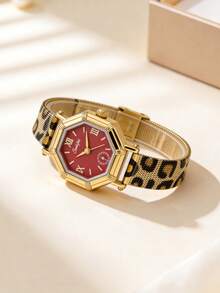 1pc Vintage Red Octagonal Light Luxury Quartz Watch For Women, Featuring A Gold Alloy Case And A Leopard-Print Metal Mesh Strap,Daily Wear& As A Gift - Red - View 3