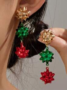1pc Christmas Holiday Accessory Red & Green Contrast Color Gift Box Star Tassel Earrings Party Atmosphere Theme - Multicolor - View 6
